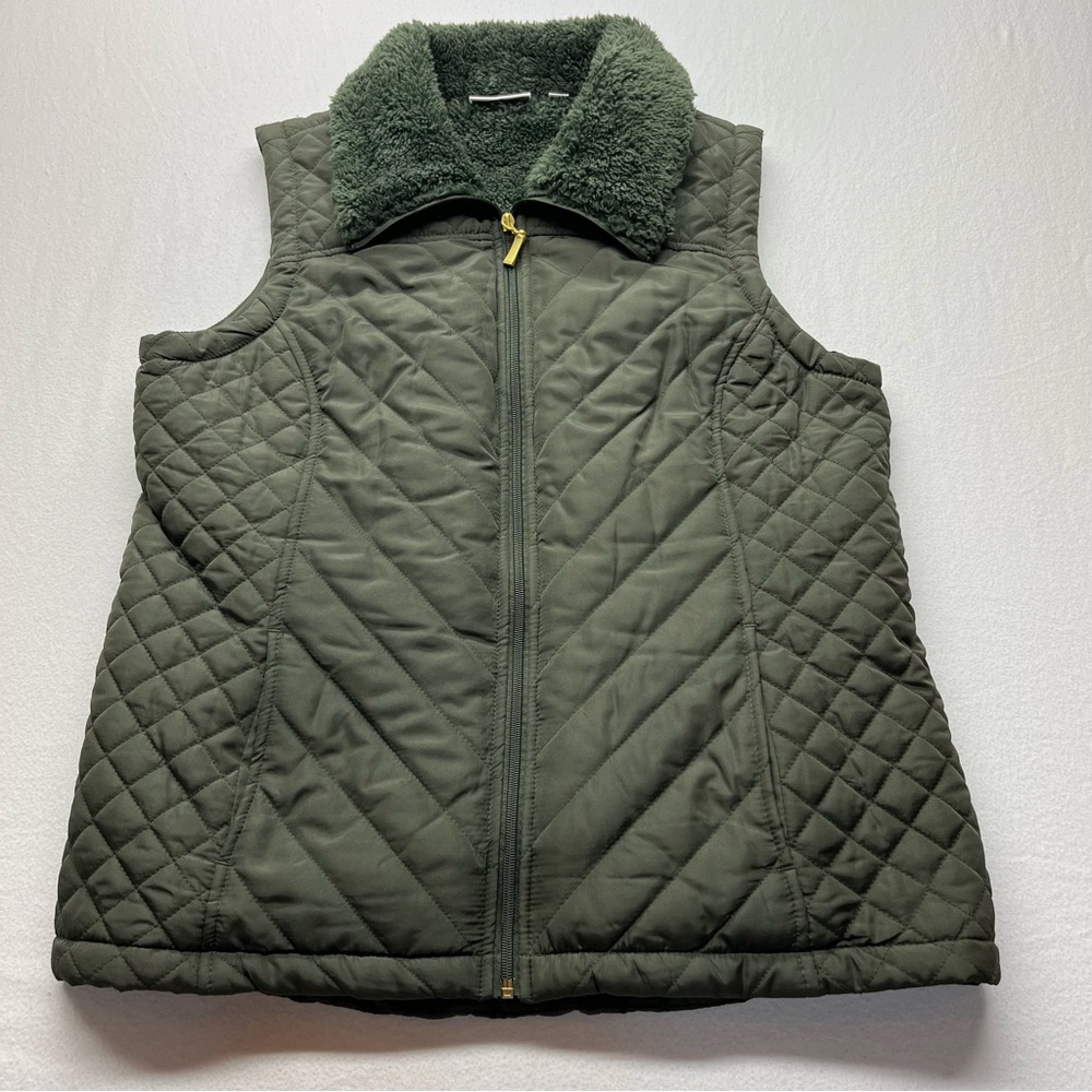 D & CO. Denim+Company Quilted Puffy Vest Zippered Women's Medium Green Cozy Fall